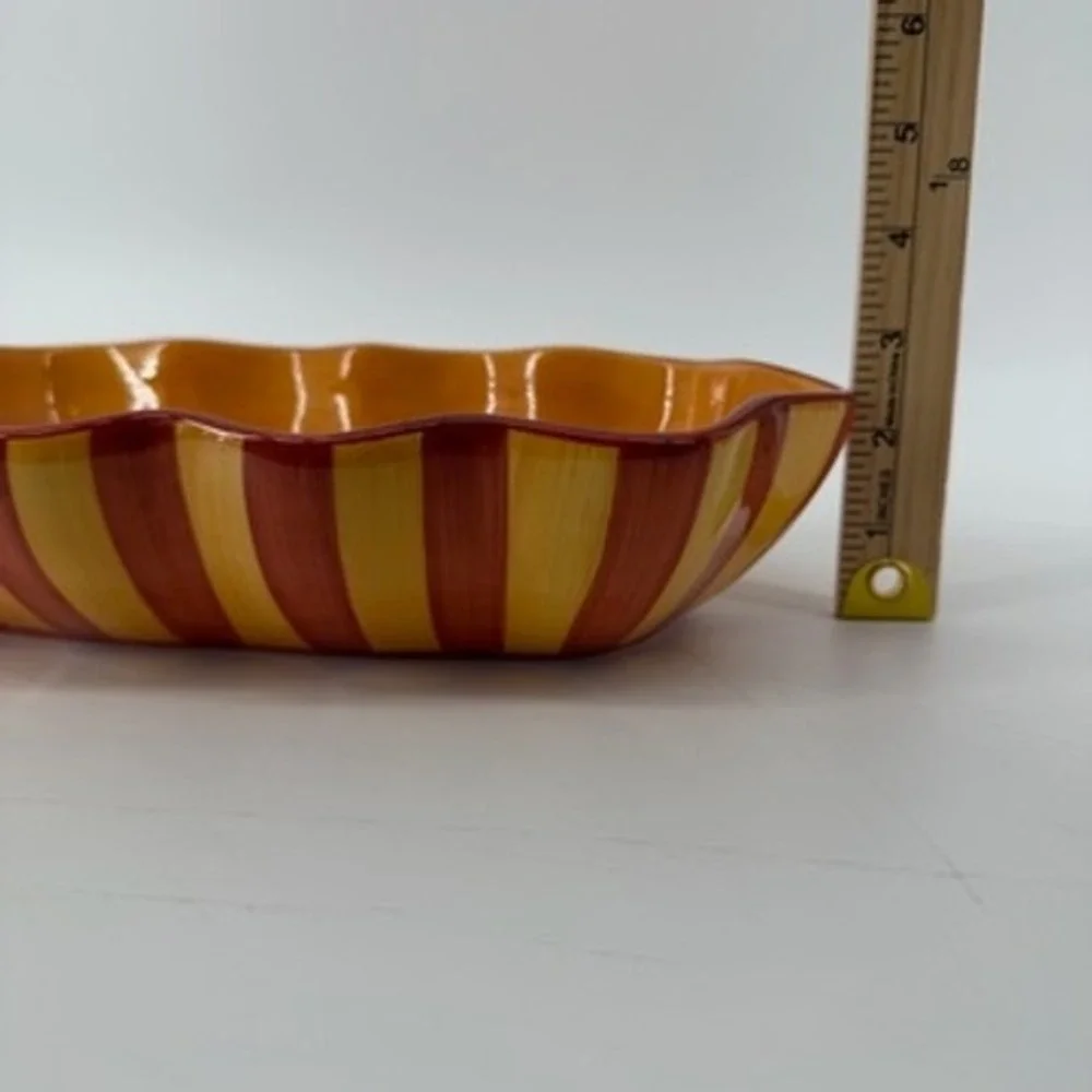 Gail Pittman Hand Painted Ceramic Striped Serving Bowl Scalloped Yellow Red 12in